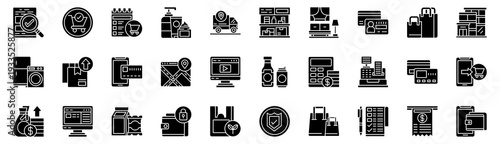 Retail icons collection. Vector illustration. Search, Cart, Wishlist, Cosmetic, Delivery, Shelf, ID card, Paper bag, Commerce. Pro Vector