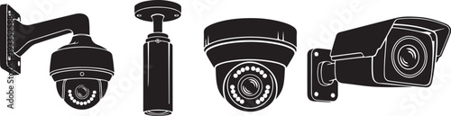 Set of black silhouette security camera icons showing different types of surveillance equipment including dome and bullet style devices