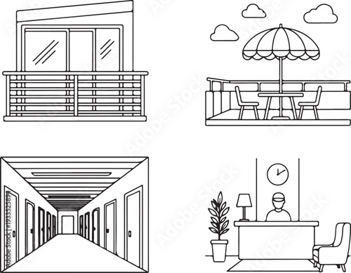Modern balcony exterior line art vector illustration. apartment terrace outline design, hotel corridor sketch, reception desk interior