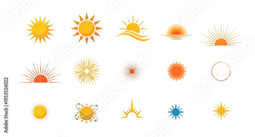 A collection of vibrant sun icons in various styles and colors on a white background