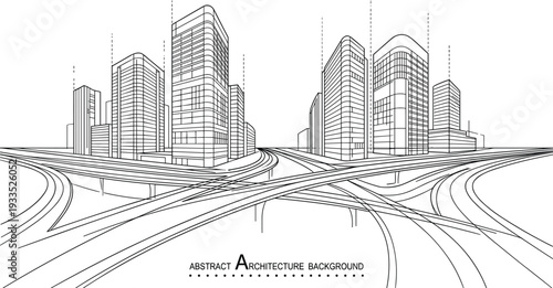 Abstract black and white vector architecture background featuring city skyscrapers and a complex highway interchange road network