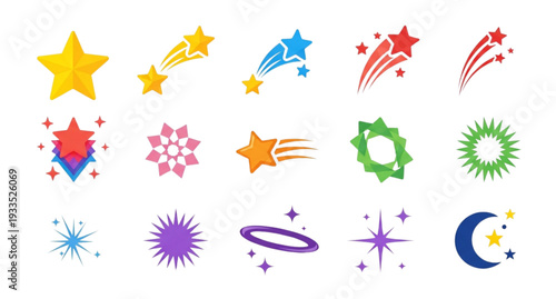 A colorful collection of star and celestial vector icons and illustrations