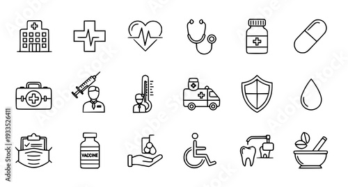 A collection of medical icons and symbols in a flat, minimalist design style