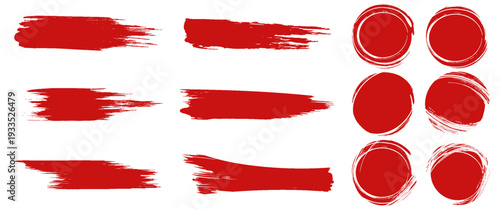 Abstract straight red ink vector lines pack. Bloody color long and round hand-drawn brushstroke text highlights, frames, circles. Asian calligraphy brushstroke set. modern art eps10