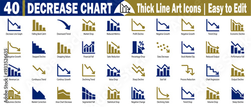 Decrease chart thick line art icons. Easy to edit with a downward trend showing market drop, reduced metrics, profit decline, and negative growth vector illustration.