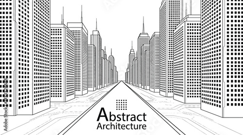 Abstract black and white vector architecture background featuring high-rise skyscraper city street perspective and metropolitan urban skyline