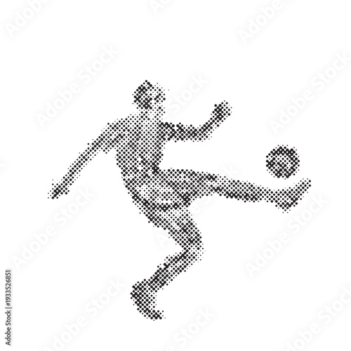 Halftone silhouette of a soccer player kicking a ball. Transparent background.