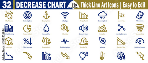 Decrease the chart's thick line art icons. Easy to edit with symbols for diminishing circle downward anchor, fading signal, and decreasing amount vector illustration.