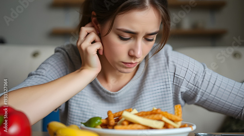 Young woman suffers from loss of appetite because of her depression.