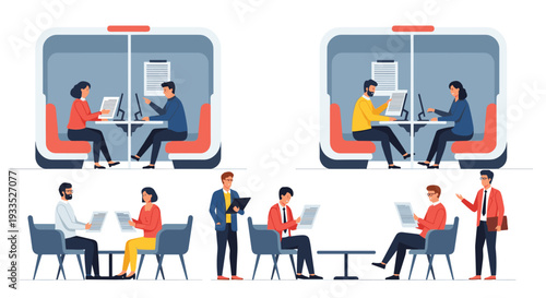 Various professional individuals are shown working in train compartments and collaborating in a cafe-style environment on a white background.