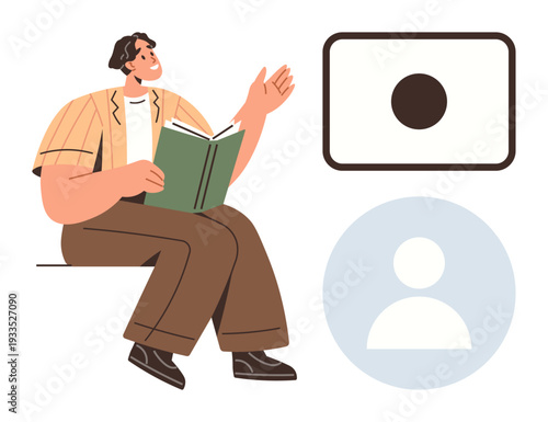 Education, storytelling, digital learning, self-expression, knowledge sharing, reading habits. A person with a book gestures near abstract communication icons. Education and storytelling concept