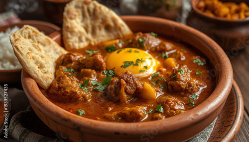 Doro wat Ethiopian chicken stew with boiled egg served over injera bread, clay bowl presentation, authentic African restaurant setting, high resolution food photography