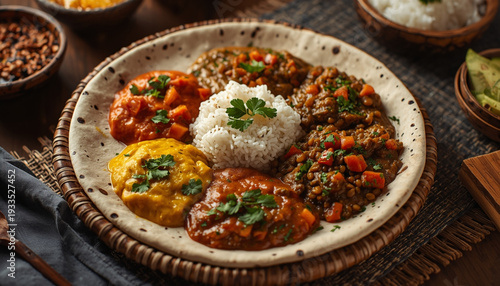 A delicious Ethiopian injera platter with assorted traditional stews served in a colorful communal dining setting