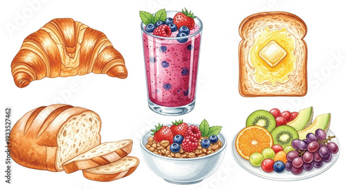 Watercolor Breakfast Set with Croissant Smoothie Toast Bread Granola and Fresh Fruits