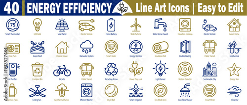 Energy efficiency line art icons. Easy to edit with smart thermostat led bulb, solar panel, electric vehicle, and home battery concepts vector illustration.