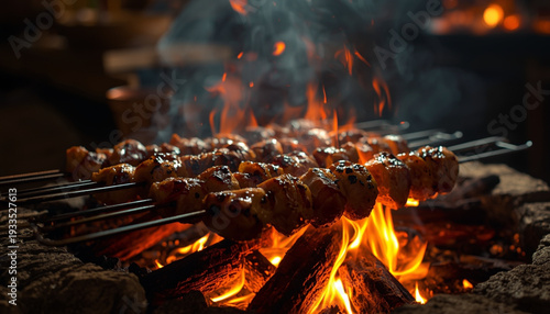 A delicious Kazakh shashlik grilled meat skewers cooked over open flame in a smoky outdoor feast atmosphere
