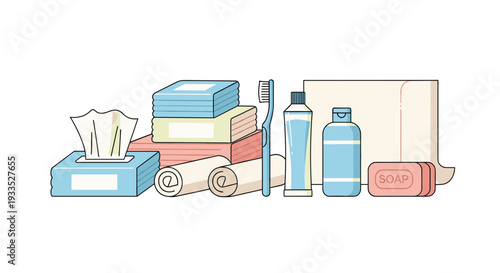 A tidy collection of bathroom essentials, featuring towels, toiletries, and paper products, is neatly arranged on a white background.