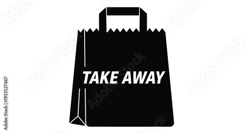 Simple black silhouette graphic icon representing a take away food paper bag with white text for delivery services.