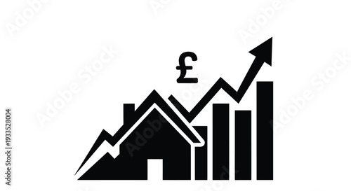 Black silhouette icon illustrating a significant rise in property values and real estate market trends, with an upward graph and pound sterling symbol representing strong housing investment growth.