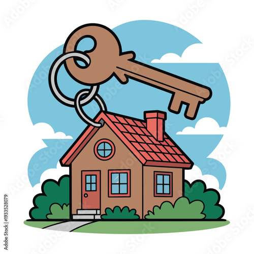 A large antique key rests atop a small house, symbolizing homeownership and property.