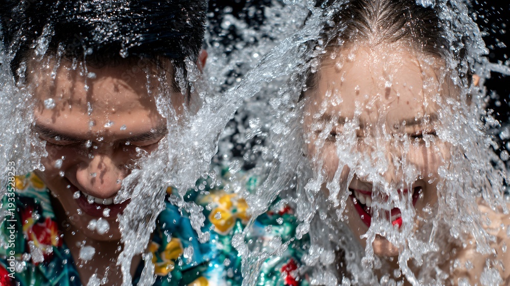 Fototapeta premium songkran lifestyle photography, young asian man and woman smiling, colorful thai shirts, crystal clear water motion
