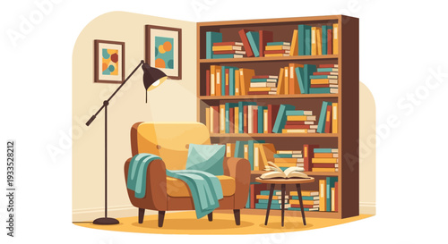 Cozy Reading Nook with Bookshelf and Chair.