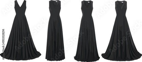 WebEvening gown silhouette, elegant dress, luxury fashion, deep neckline, pleated skirt, women’s apparel vector, formal wear illustration, couture clothing design