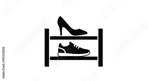 Simple black and white icon illustrating a shoe rack displaying both a stylish high heel pump and a comfortable modern athletic sneaker.