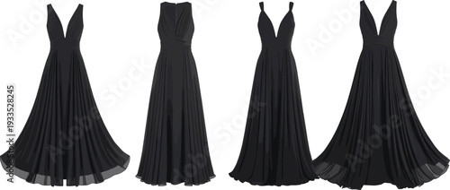 WebEvening gown silhouette, elegant dress, luxury fashion, deep V-neckline, pleated skirt design, women’s apparel vector, formal wear illustration, couture style