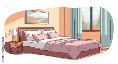 Bedroom Furniture Bed with Pillows and Blanket.