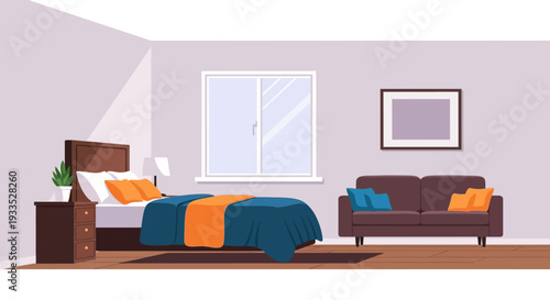 Bedroom Furniture Bed and Sofa Illustration.