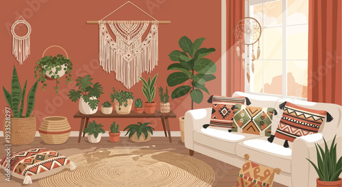 Bohemian Living Room Interior with Decorative Plants.