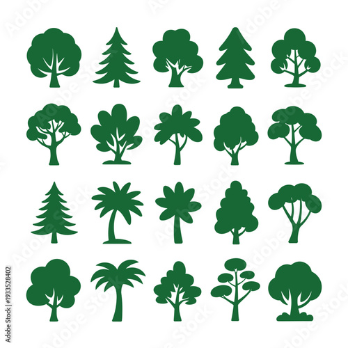 A collection of various green tree silhouettes against a white background.