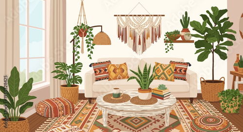 Cozy Living Room with Plants and Decor.