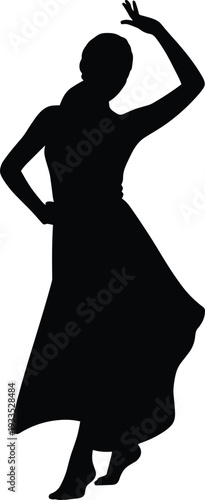 WebDance silhouette, elegant pose, expressive movement, long skirt, raised arm gesture, artistic figure, black silhouette, isolated background, rhythm, performance, art