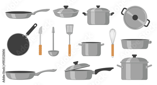 A diverse assortment of modern kitchen cookware and essential utensils, including various pots, pans, and serving tools, is neatly arranged on a clean white background.