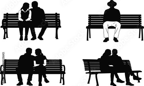 Black silhouettes of couples and individuals sitting on park benches showing romantic interaction and solitude isolated on a white background