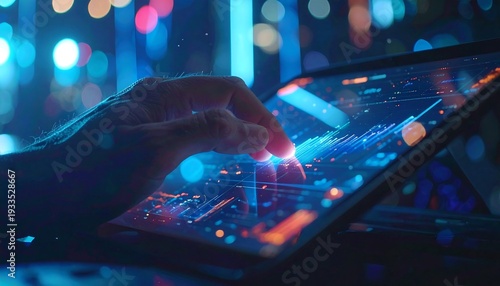 Digital Insights: A person interacts with a futuristic digital interface, exploring complex data visualizations on a glowing tablet screen, immersed in a world of information. 