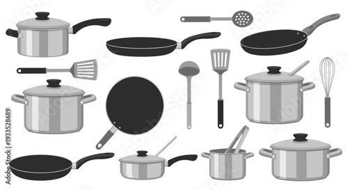 A comprehensive collection of modern kitchen pots, pans, and diverse cooking utensils, including spatulas, ladles, and whisks, is neatly displayed on a bright white background.