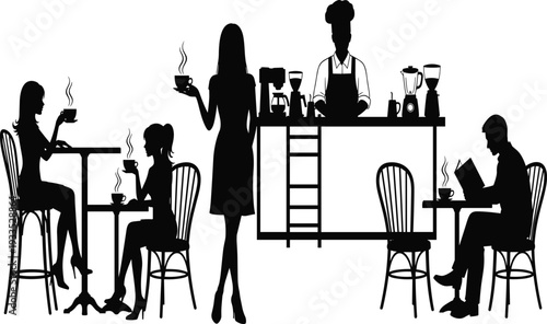 Black silhouettes of people in a coffee shop featuring a barista serving customers sitting at tables with steaming mugs and books