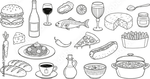 Hand-drawn black vector illustration set of global food icons including spaghetti, burger, pizza, fish, and wine