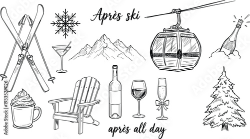 Hand-drawn black and white vector illustration set of skis, mountain peaks, cable car, and cozy winter resort drinks
