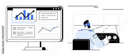 Technician operating control panel while analyzing graphs and charts on large screen. Ideal for technology, data visualization, analytics, monitoring, innovation, workforce, business analysis. A