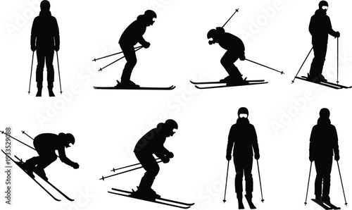 Black silhouettes of skiers in various action poses including downhill racing jumping and standing with ski poles on white background