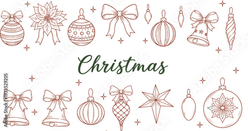 Hand-drawn dark red vector illustration set of romantic icons including a heart box, croissant, cupid, and bows