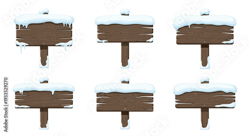 Six identical brown wooden blank signposts, each topped with a thick layer of white snow and some featuring icicles, are arranged in two rows against a clean white background.