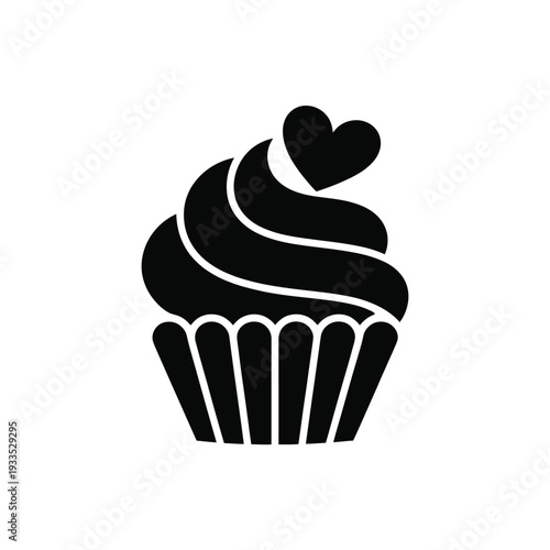 A black silhouette of a cupcake with frosting and a heart-shaped decoration.