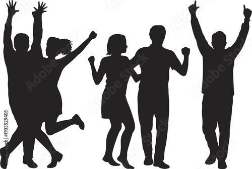 WebGroup silhouette celebration, joyful people, unity expression, dancing pose, party lifestyle, happiness concept, fun gathering, community excitement, energetic movement, illustration design