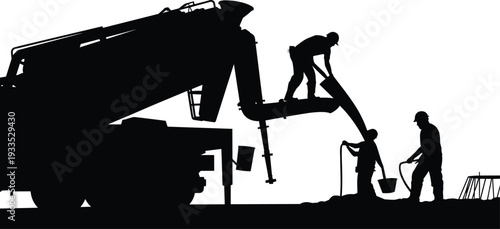 WebConstruction silhouette workers, concrete pouring, teamwork operation, mixer truck, rebar structure, building site, labor force, infrastructure development, industrial process
