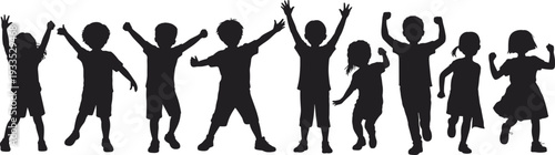 WebChildren silhouette celebrating, joyful poses, happy childhood, unity expression, playful movement, education concept, community gathering, fun lifestyle, energetic kids, illustration design